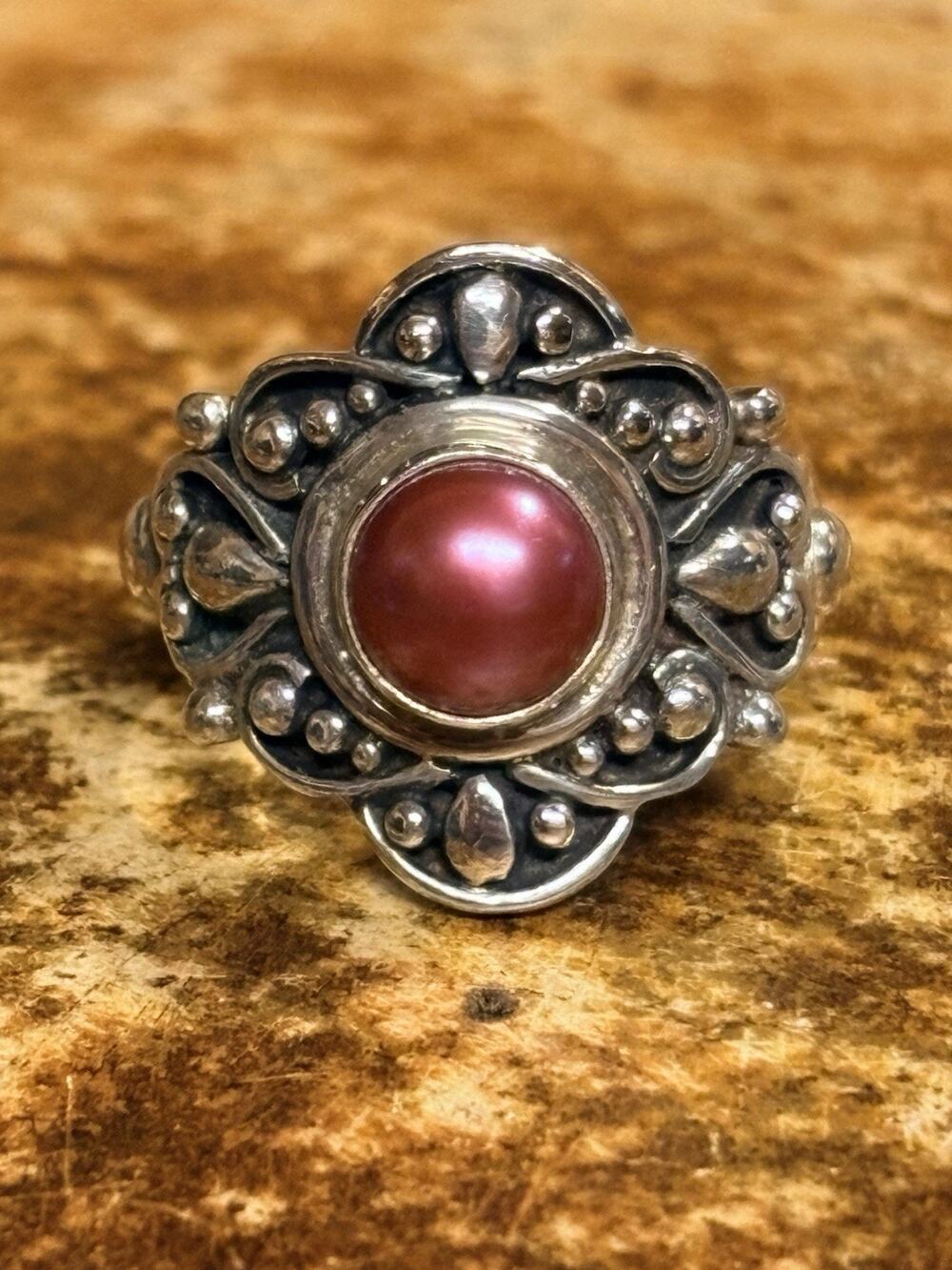 PTI Ring Sz 8.75 Sterling Silver Mauve/Pink Pearl Bohemian Ornate Made in Nepal